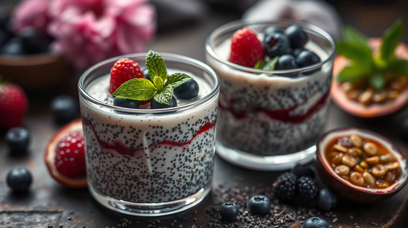 A delicious bowl of healthy berry chia pudding topped with fresh strawberries, blueberries, and a drizzle of honey.