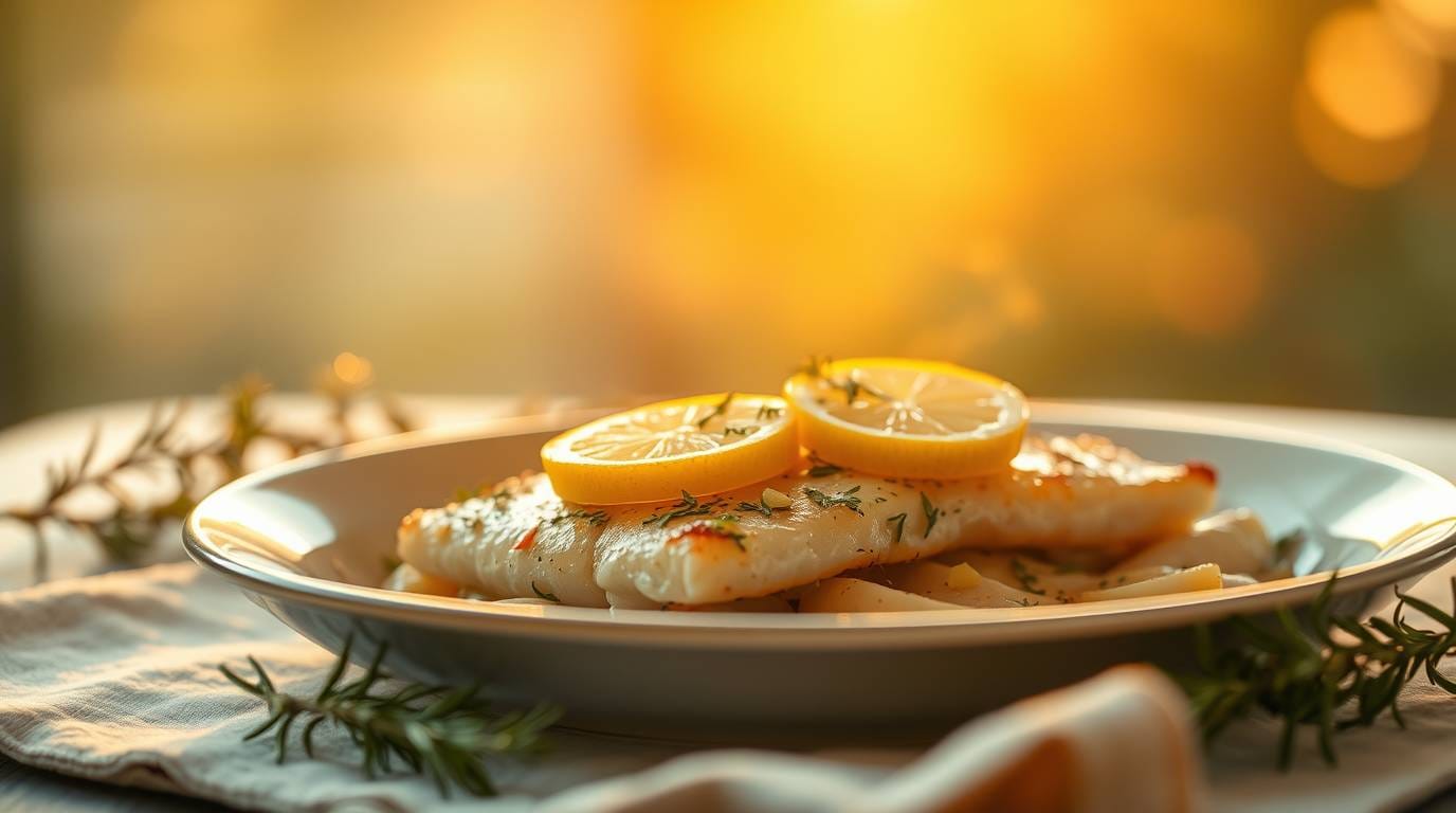 A plate of perfectly baked lemon fish fillets with fresh herbs, lemon slices, and a drizzle of olive oil.