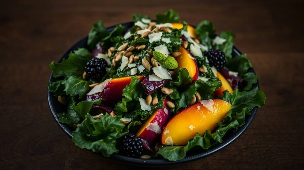 A vibrant Peach and Kale Salad served in a white bowl, featuring colorful ingredients like fresh peach slices, blackberries, thinly sliced fennel, mixed greens, walnuts, pumpkin seeds, and shaved Parmesan cheese, drizzled with a light lemon-honey dressing.