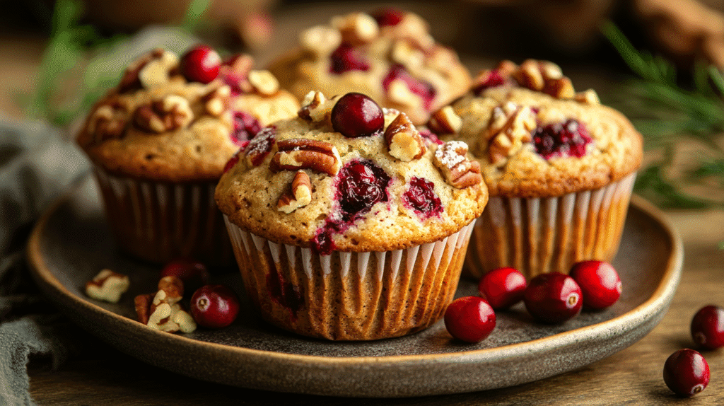 Close-up of healthy muffins with cranberries, orange zest, and pecans, served on a rustic ceramic plate with scattered fresh cranberries on a wooden table.