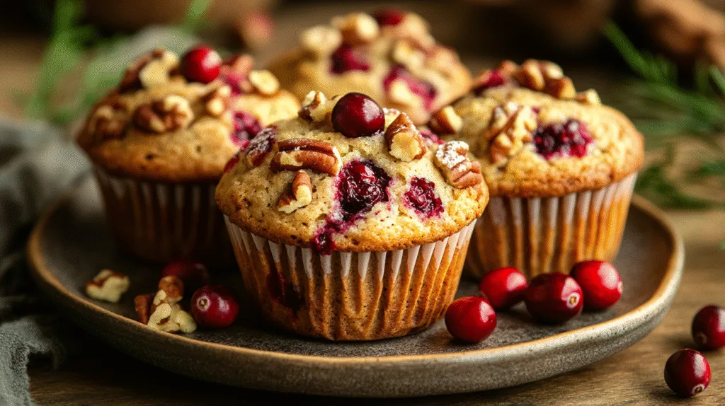 Close-up of healthy muffins with cranberries, orange zest, and pecans, served on a rustic ceramic plate with scattered fresh cranberries on a wooden table.