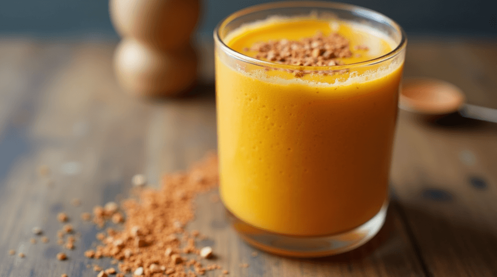 A creamy orange Chai-Spiced Butternut Squash Smoothie served in a glass, garnished with a slice of butternut squash, surrounded by whole butternut squash, squash slices, and cinnamon sticks on a wooden table.