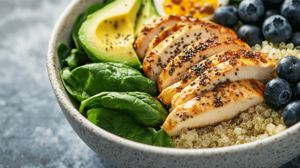 healthy breakfast for athletes Best breakfast for athletes with grilled chicken breast slices, quinoa, fresh spinach leaves, avocado slices, chia seeds, and blueberries in a bowl.