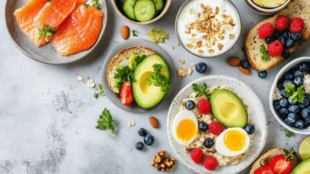 Best breakfast for athletes with smoked salmon, avocado toast, cucumber slices, Greek yogurt with granola, oatmeal with berries and soft-boiled egg, fresh blueberries, and almonds.