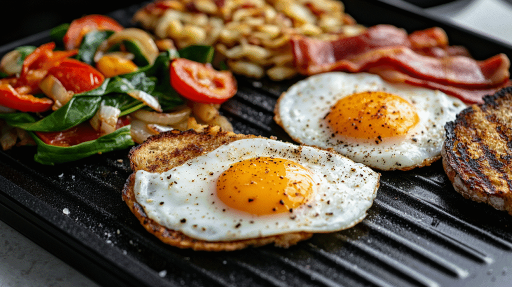 Blackstone breakfast with fried eggs, turkey bacon, sautéed spinach, bell peppers, onions, hash browns, and toast on a griddle.