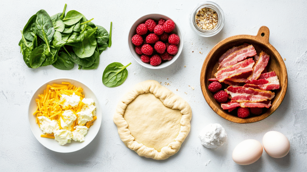 healthy crescent roll breakfast options Ingredients for healthy crescent roll breakfast recipes including crescent dough, spinach, cheese, eggs, turkey bacon, and raspberries.