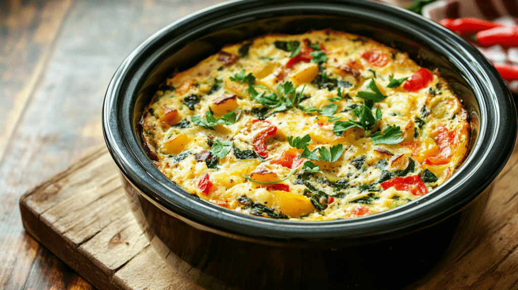 Close-up of crockpot breakfast casserole with eggs, spinach, bell peppers, potatoes, and fresh herbs, served in a black slow cooker on a wooden table.