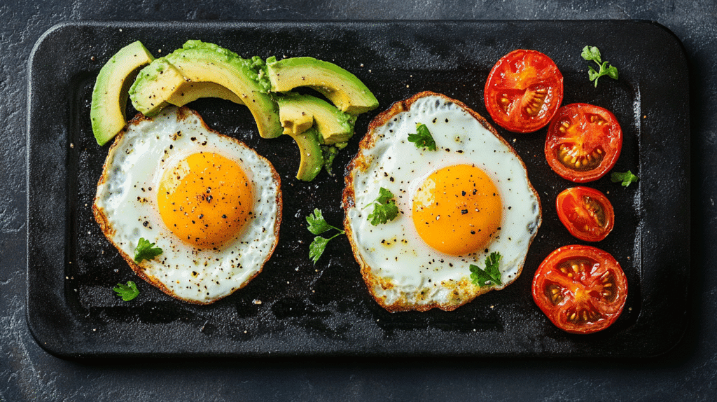 breakfast griddle recipes Blackstone breakfast with fried eggs, sliced avocado, and grilled tomatoes on a griddle.