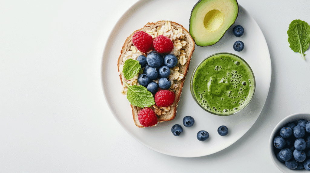 energy-boosting breakfast options Healthiest breakfast foods with whole grain toast, oatmeal, blueberries, raspberries, avocado, and green smoothie.