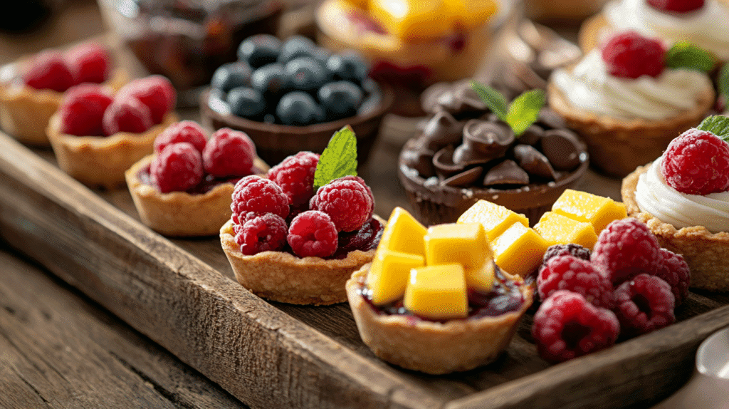 low calorie desserts Low calorie desserts with mini fruit tarts, fresh raspberries, mango cubes, blueberries, and dark chocolate.