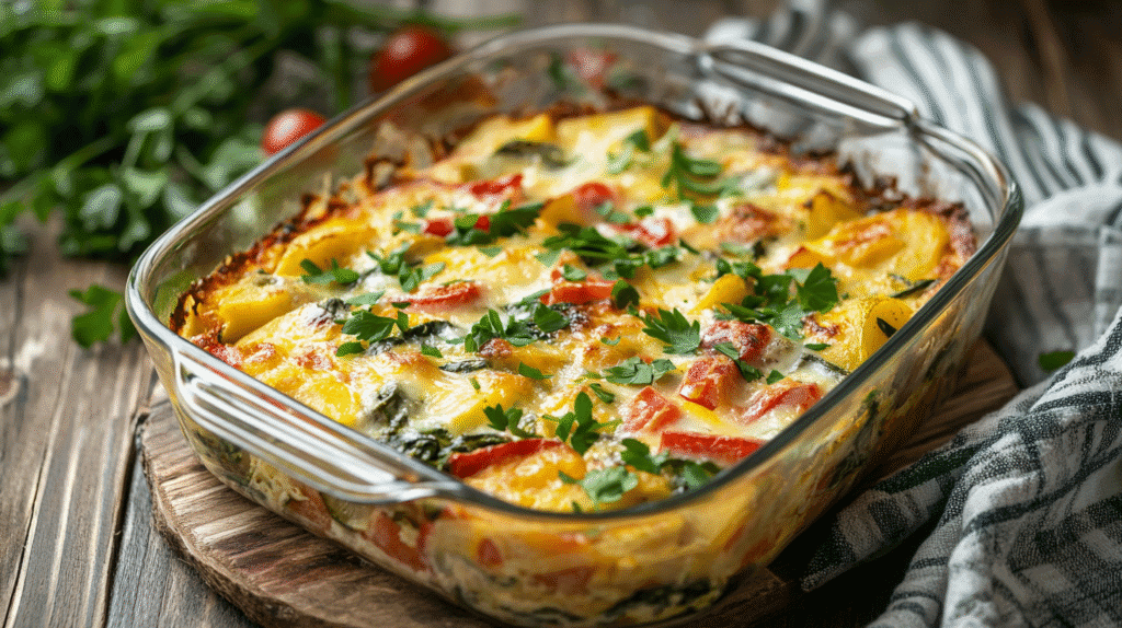 Side view of gluten-free breakfast casserole in a glass baking dish, made with eggs, potatoes, spinach, bell peppers, and melted cheese, garnished with fresh parsley.