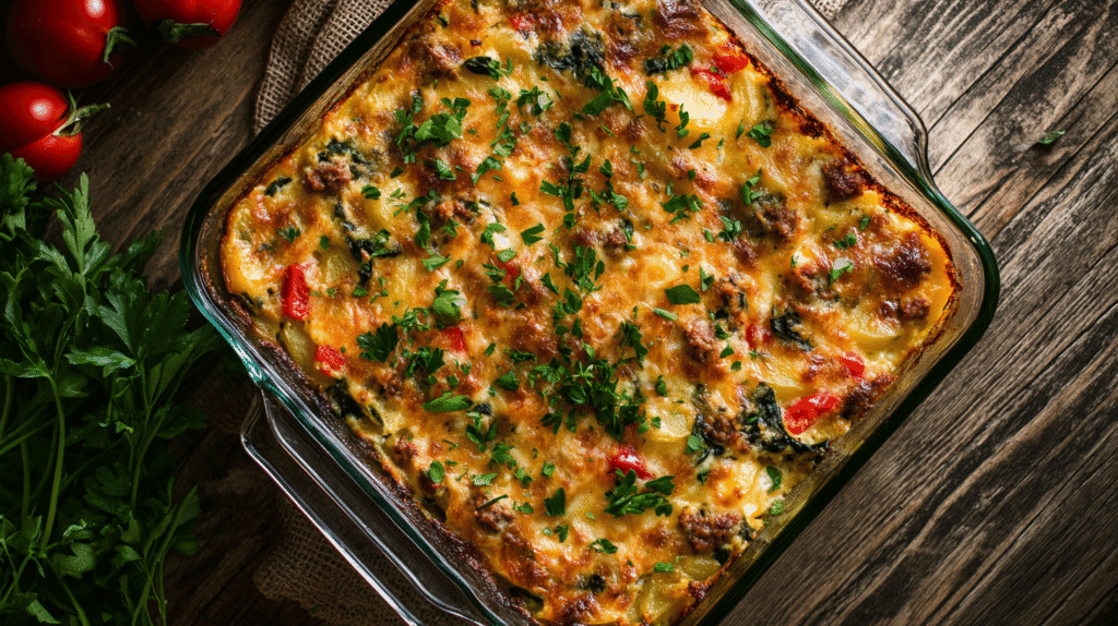 Overhead view of gluten-free breakfast casserole with eggs, potatoes, bell peppers, spinach, sausage, and melted cheese, garnished with fresh parsley in a glass baking dish.