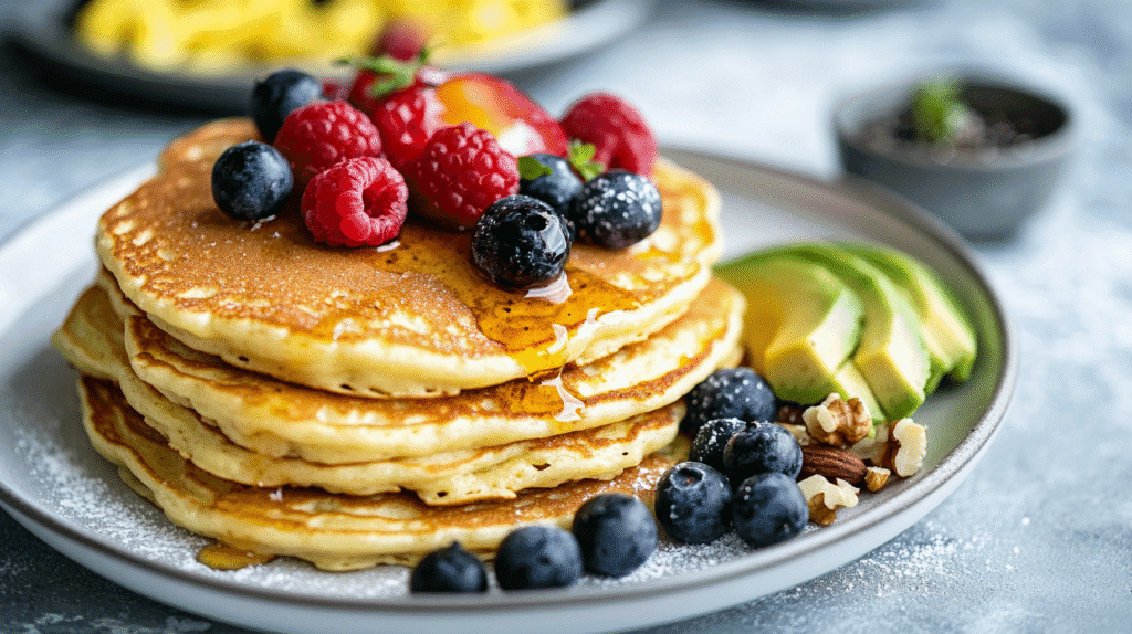 gluten-free brunch Close-up of a gluten-free brunch plate with fluffy pancakes topped with fresh raspberries, blueberries, honey drizzle, avocado slices, and mixed nuts on a neutral background.