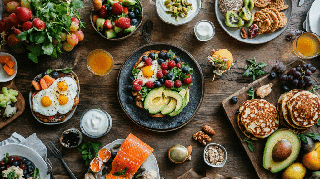 Flat lay of a gluten-free brunch table with avocado toast, fried eggs, pancakes, fresh fruits, yogurt, smoked salmon, nuts, and granola on a rustic wooden table.