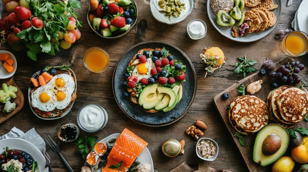 Flat lay of a gluten-free brunch table with avocado toast, fried eggs, pancakes, fresh fruits, yogurt, smoked salmon, nuts, and granola on a rustic wooden table.