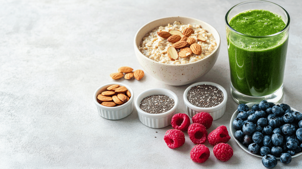Healthiest breakfast foods with oatmeal, chia seeds, almonds, raspberries, blueberries, and a green smoothie.