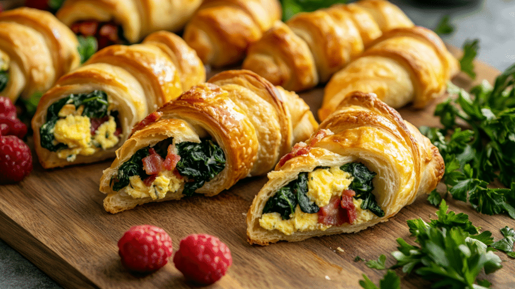 Healthy crescent roll breakfast recipes filled with scrambled eggs, spinach, and turkey bacon on a wooden board.
