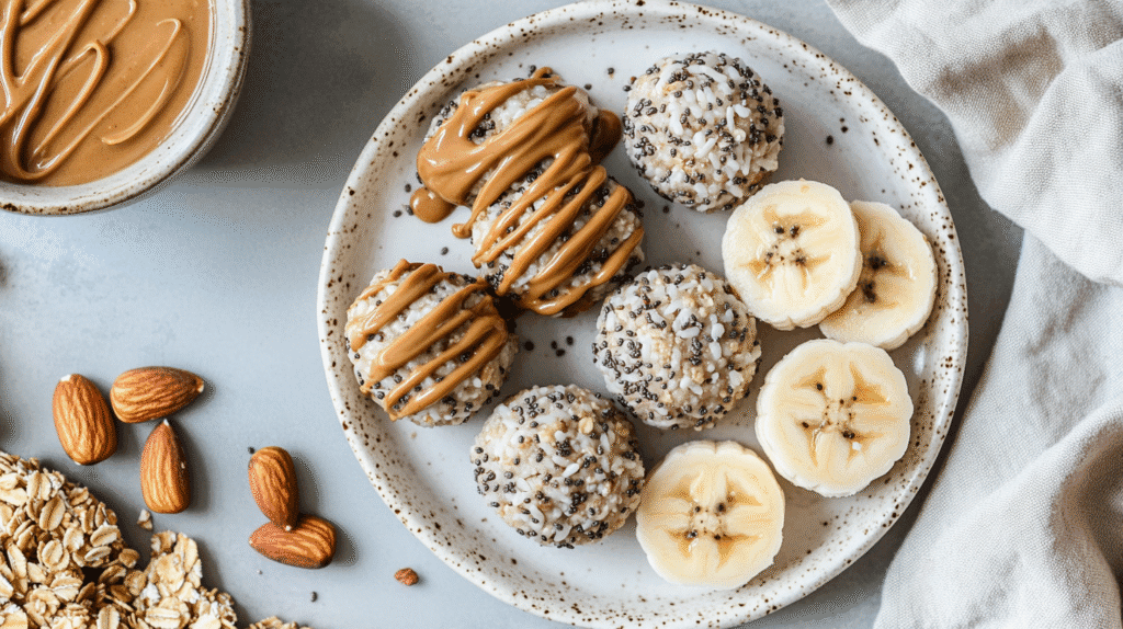 protein-rich peanut butter snacks Healthy peanut butter snacks with peanut butter protein balls coated in chia seeds, banana slices, oats, almonds, and creamy peanut butter drizzle.
