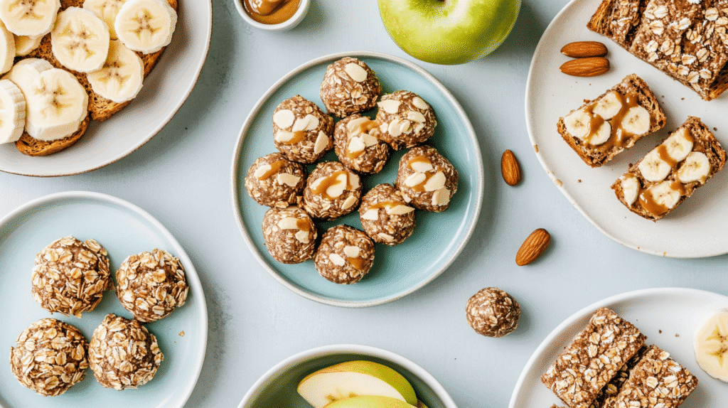 Healthy peanut butter snacks including energy balls, whole grain toast with peanut butter and banana slices, oat bars, green apple slices, almonds, and peanut butter drizzle.