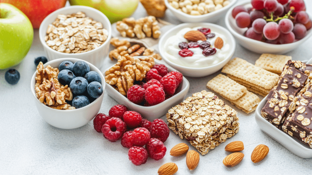 Flat lay of healthy snack assortment with fresh raspberries, blueberries, walnuts, almonds, yogurt with dried cranberries, oatmeal squares, granola bars, grapes, apples, and crackers on a light background.