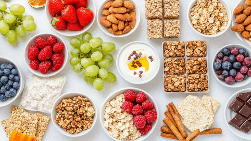 Flat lay of healthy snack options including fresh berries, grapes, almonds, granola bars, oats, yogurt with honey, walnuts, rice cakes, and dark chocolate on a white background.