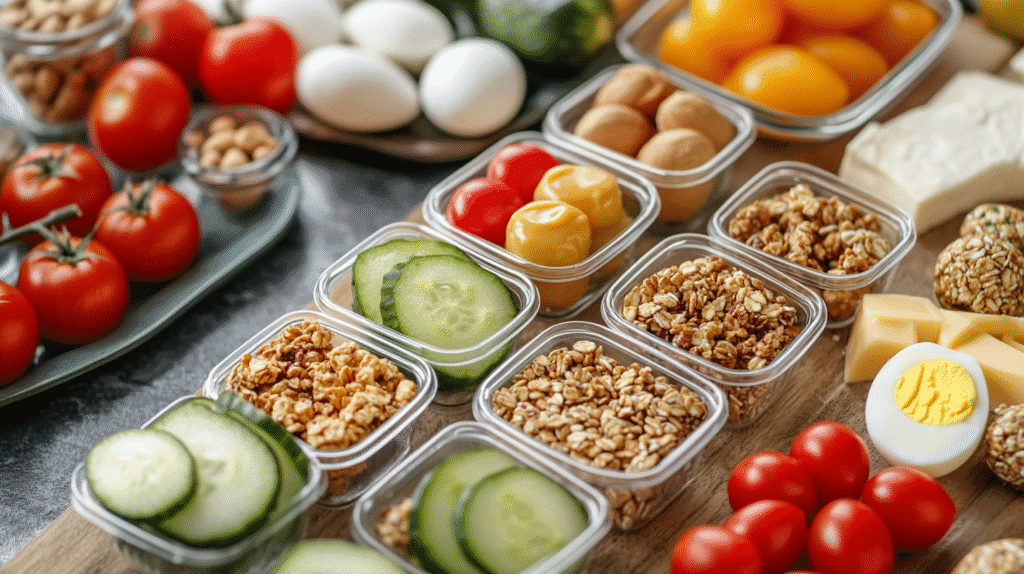 healthy snacks for adolescents Healthy snack for adolescent with cucumber slices, granola, cherry tomatoes, hard-boiled eggs, cheese cubes, nuts, and colorful fresh vegetables in small containers.