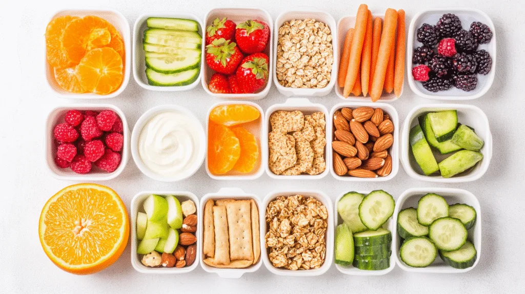 Healthy snack for adolescent with a variety of fruits, almonds, yogurt, granola, cucumber slices, carrots, and whole grain crackers arranged in small containers.