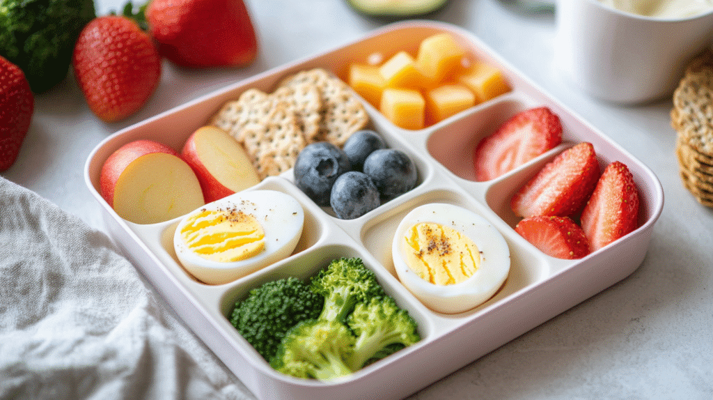 toddler healthy snacks Healthy toddler snacks in a bento box with apple slices, blueberries, strawberries, cheese cubes, whole grain crackers, hard-boiled egg halves, and steamed broccoli.