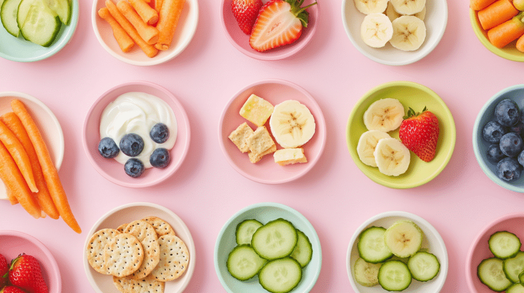 Healthy toddler snacks including sliced bananas, strawberries, blueberries, apple slices, cheese cubes, whole grain crackers, yogurt, and steamed carrot sticks arranged in colorful plates and bowls.