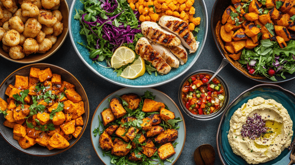 Healthy Trader Joe's meals featuring grilled chicken breast, roasted sweet potatoes, cauliflower gnocchi, mixed greens, red cabbage, hummus, and fresh vegetable salad.