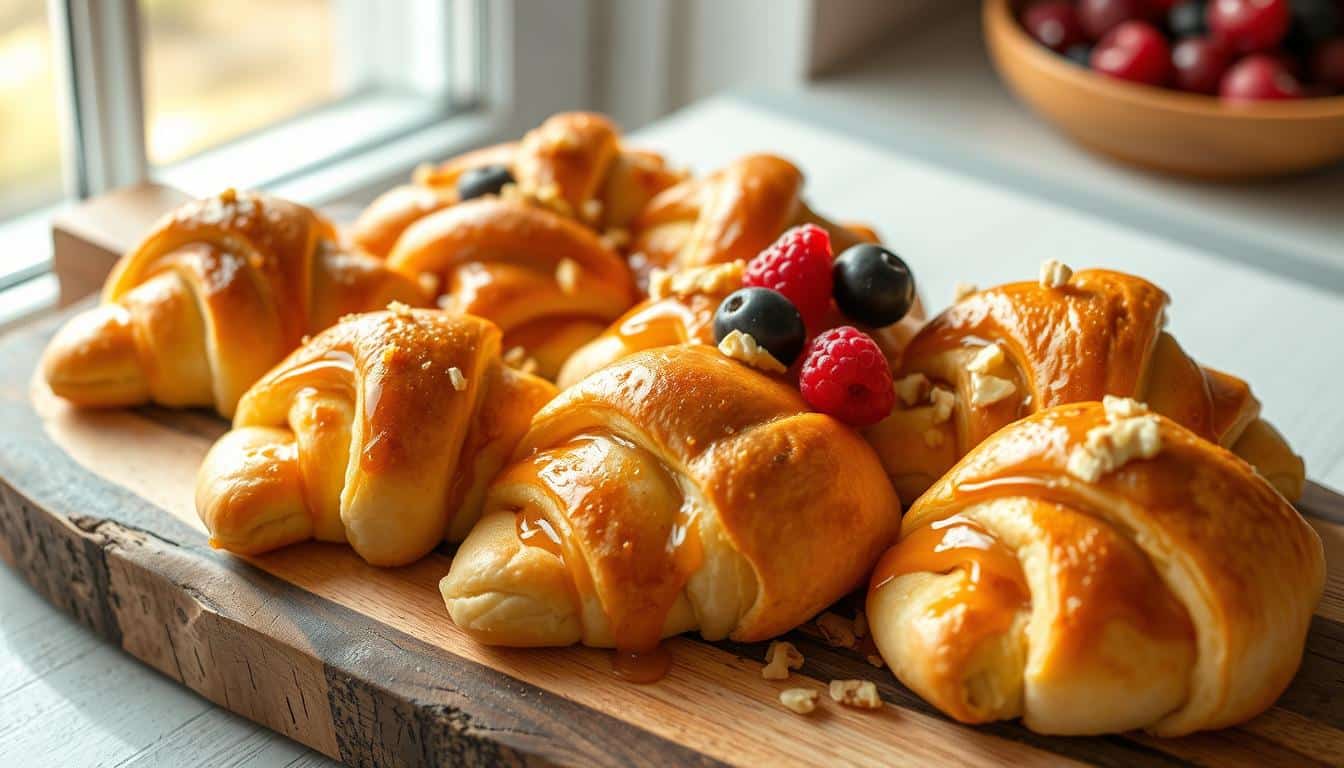 Healthy crescent roll drizzled with caramel and topped with fresh berries and chopped nuts, served on a rustic wooden board.
