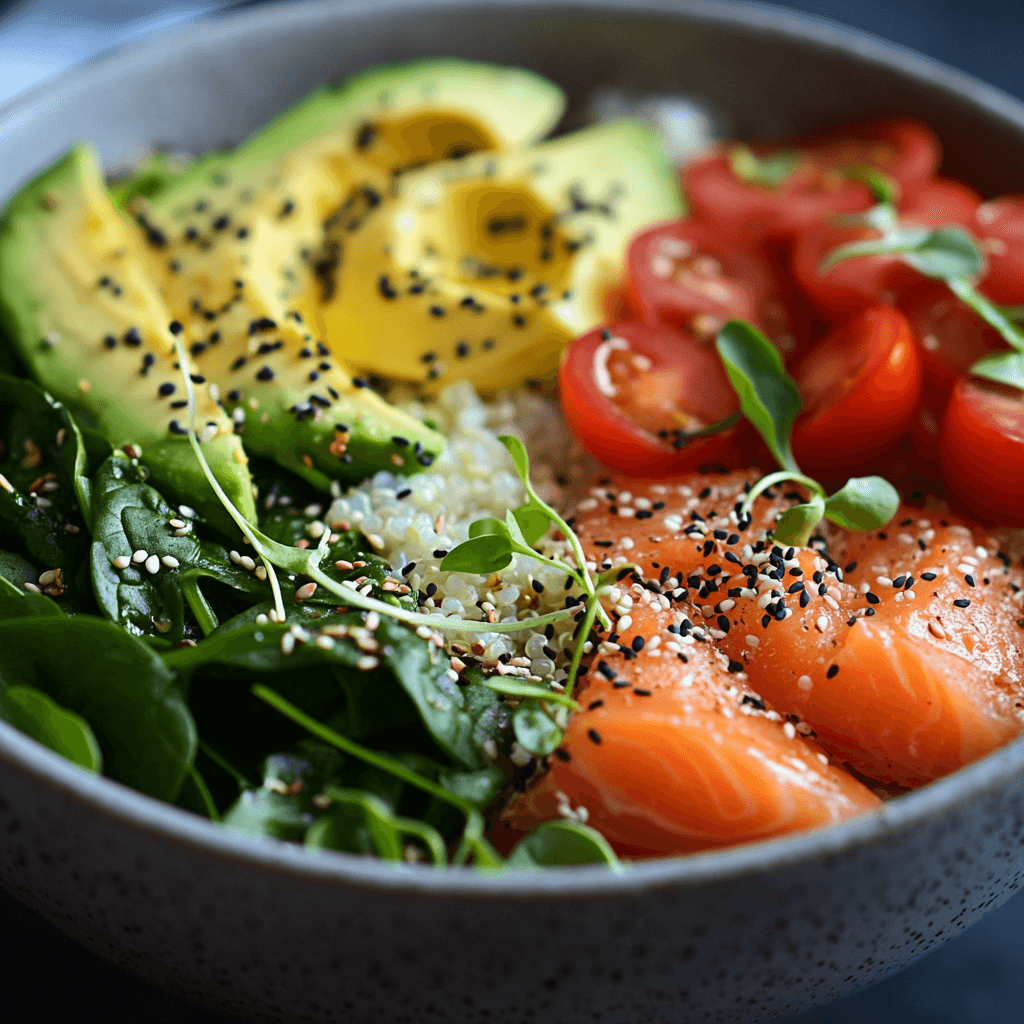 high protein meal prep breakfast High protein meal prep breakfast bowl with smoked salmon, quinoa, avocado slices, cherry tomatoes, fresh spinach, and sesame seeds.