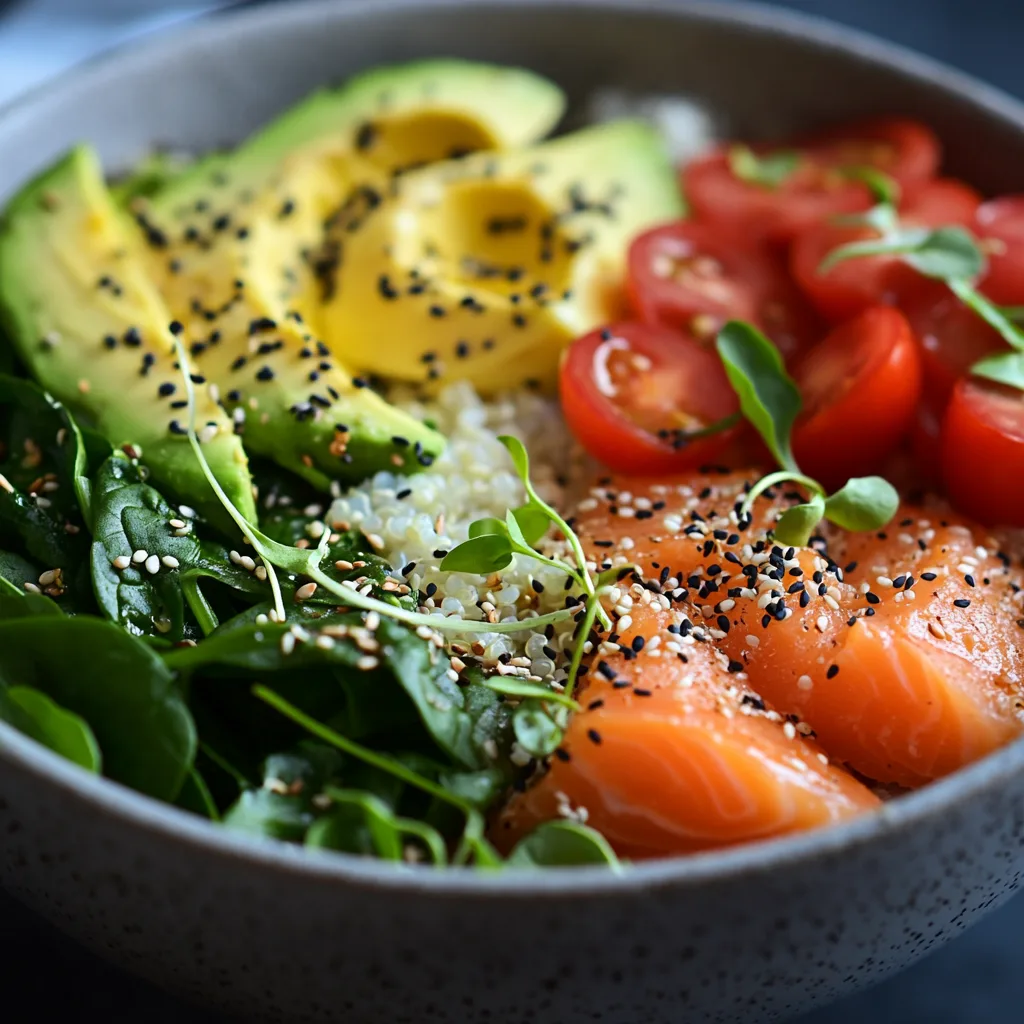 high protein meal prep breakfast High protein meal prep breakfast bowl with smoked salmon, quinoa, avocado slices, cherry tomatoes, fresh spinach, and sesame seeds.