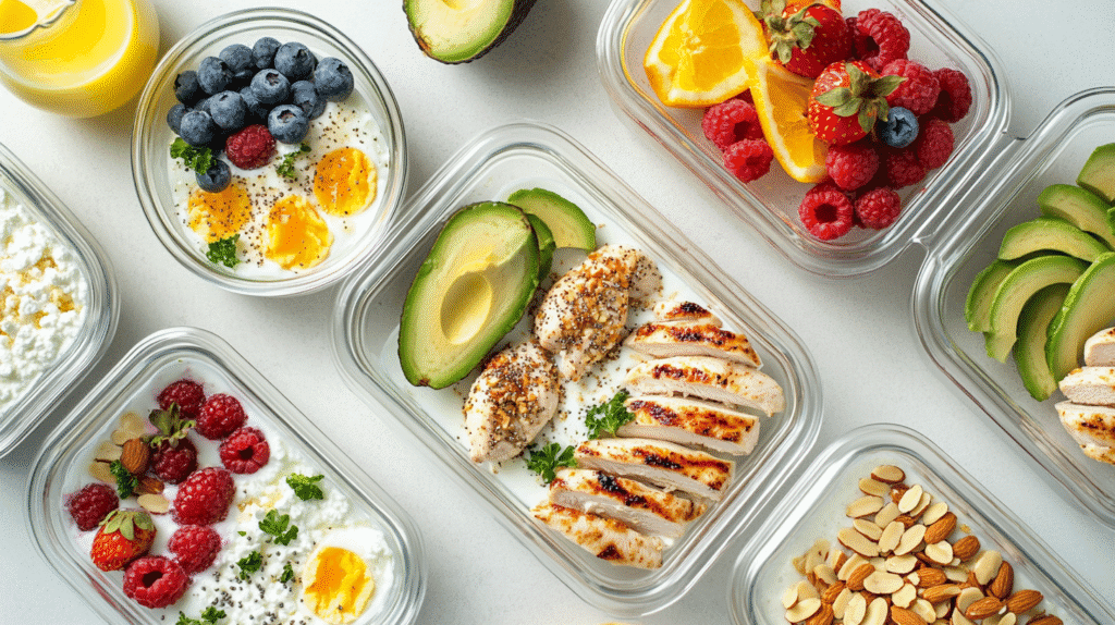 High protein meal prep breakfast with grilled chicken, avocado, cottage cheese, yogurt bowls with fruits and nuts, and fresh berries in glass containers.