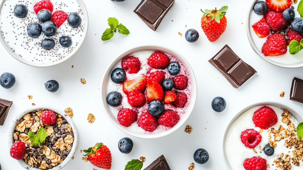 Low calorie desserts with yogurt parfaits, fresh berries, granola, chia seeds, and dark chocolate.