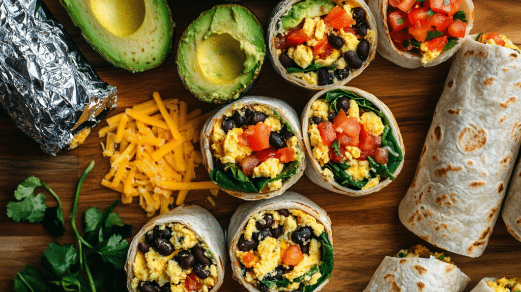 Meal prep breakfast burritos with scrambled eggs, black beans, avocado, cheese, spinach, and salsa on a wooden board.