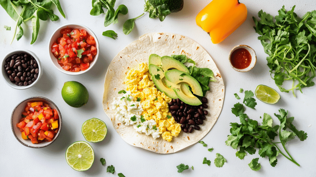 meal-prep-breakfast-burritos Meal prep breakfast burrito ingredients including scrambled eggs, egg whites, avocado slices, black beans, spinach, salsa, lime, and fresh cilantro.