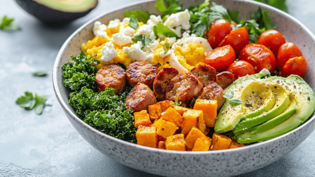 savory breakfast meals Savory breakfast foods with scrambled eggs, turkey sausage, roasted sweet potatoes, kale, cherry tomatoes, and avocado slices in a bowl.