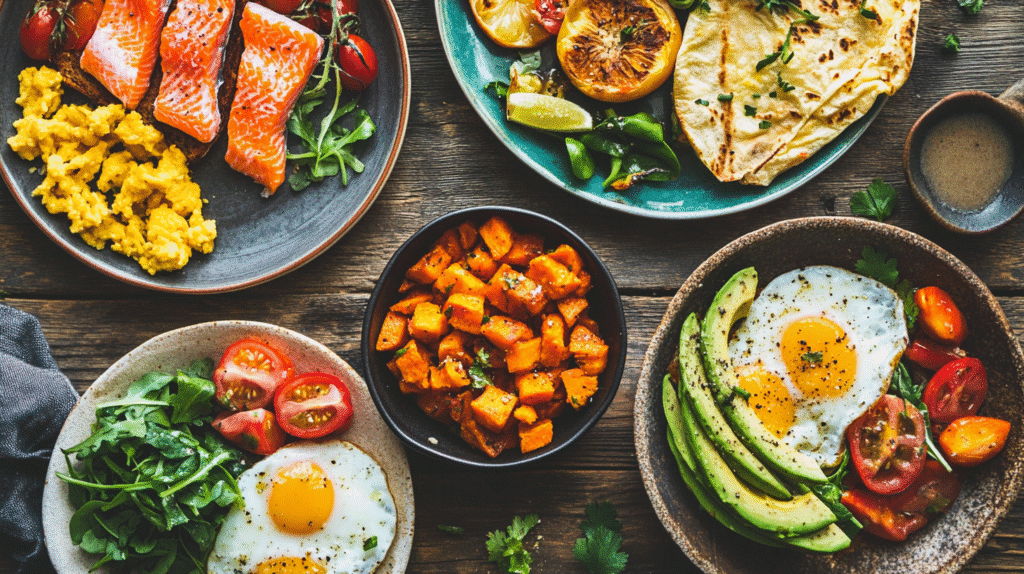 Savory breakfast foods including fried egg with avocado and tomatoes, scrambled eggs with smoked salmon, roasted sweet potatoes, sautéed greens, and flatbread with grilled lemon.