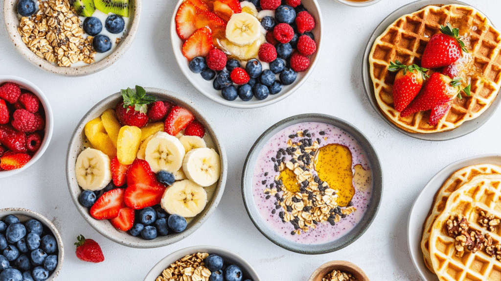 Flat lay of sweet breakfast options including smoothie bowls with berries, banana slices, granola, chia seeds, waffles with fresh strawberries, and bowls of assorted fruits on a light background.