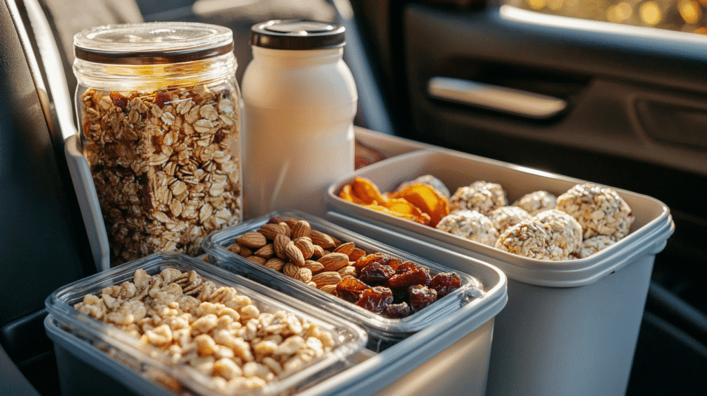 healthy road trip snacks Healthy road trip snacks packed in airtight containers and jars on a car seat, including granola, almonds, dried fruits, energy balls, and a bottle of plant-based milk, with sunlight streaming through the window.