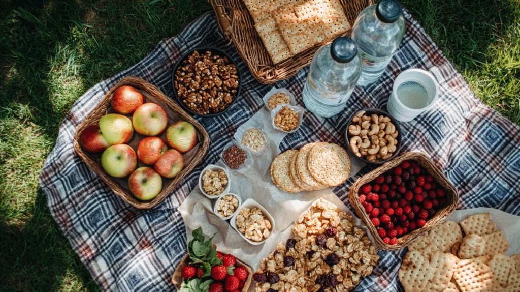 Picnic blanket with a variety of healthy road trip snacks, including apples, crackers, mixed nuts, granola, cashews, strawberries, raspberries, and bottled water, arranged outdoors on green grass.