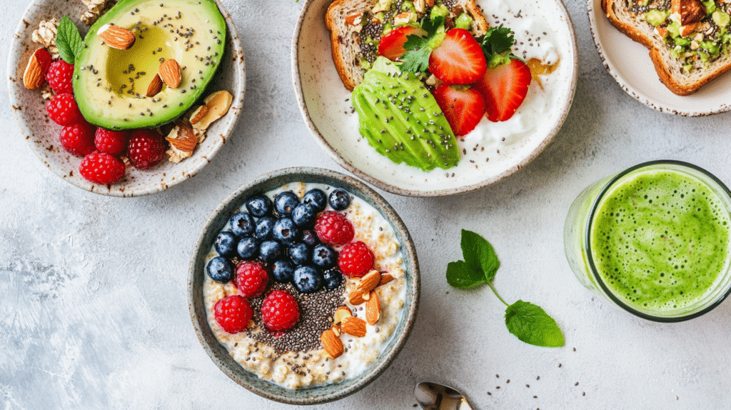 Weight loss breakfast with oatmeal, avocado toast, yogurt with strawberries, and a green smoothie.