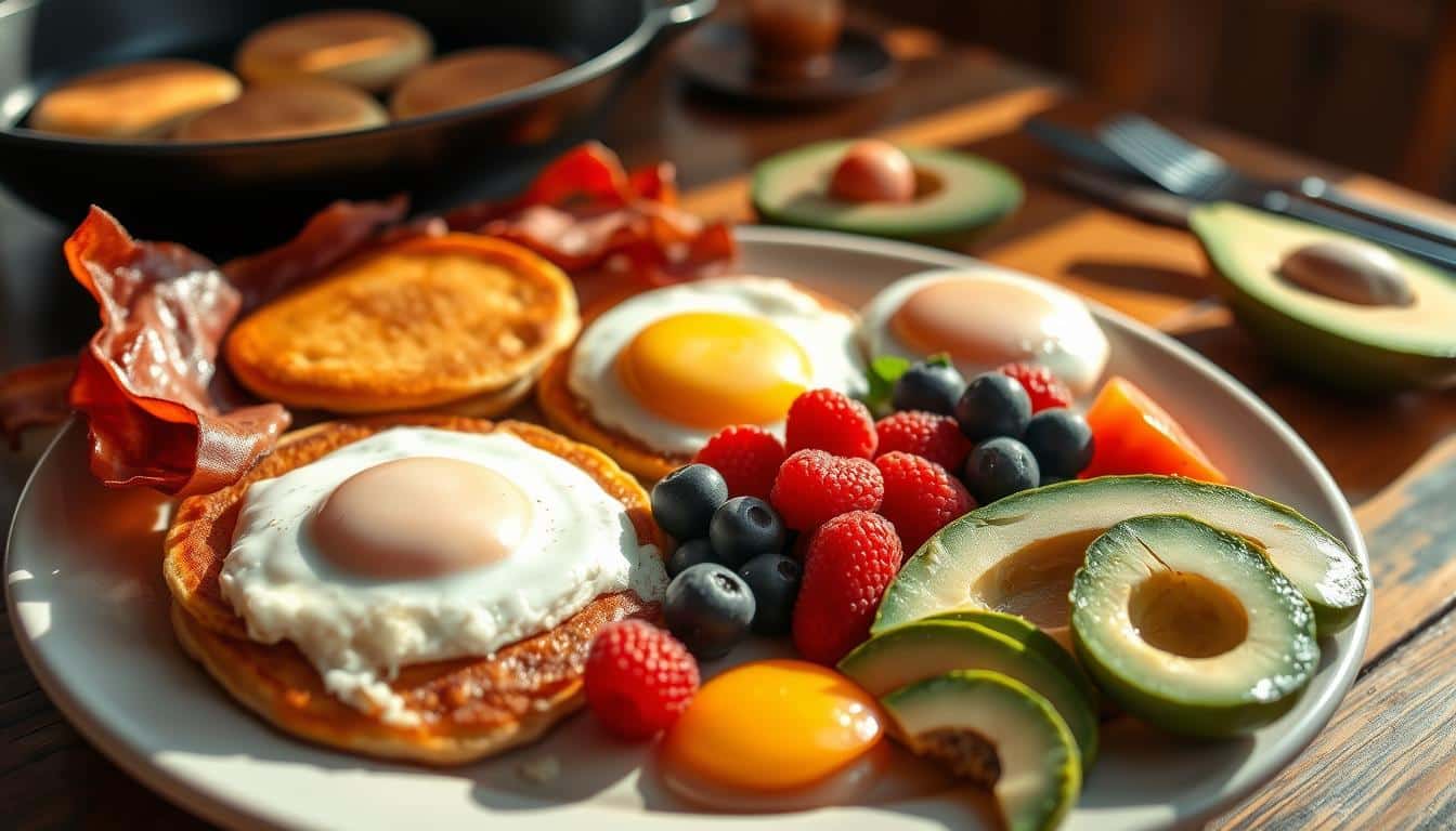 A delicious Blackstone breakfast with eggs, pancakes, and fresh vegetables cooked on a griddle.