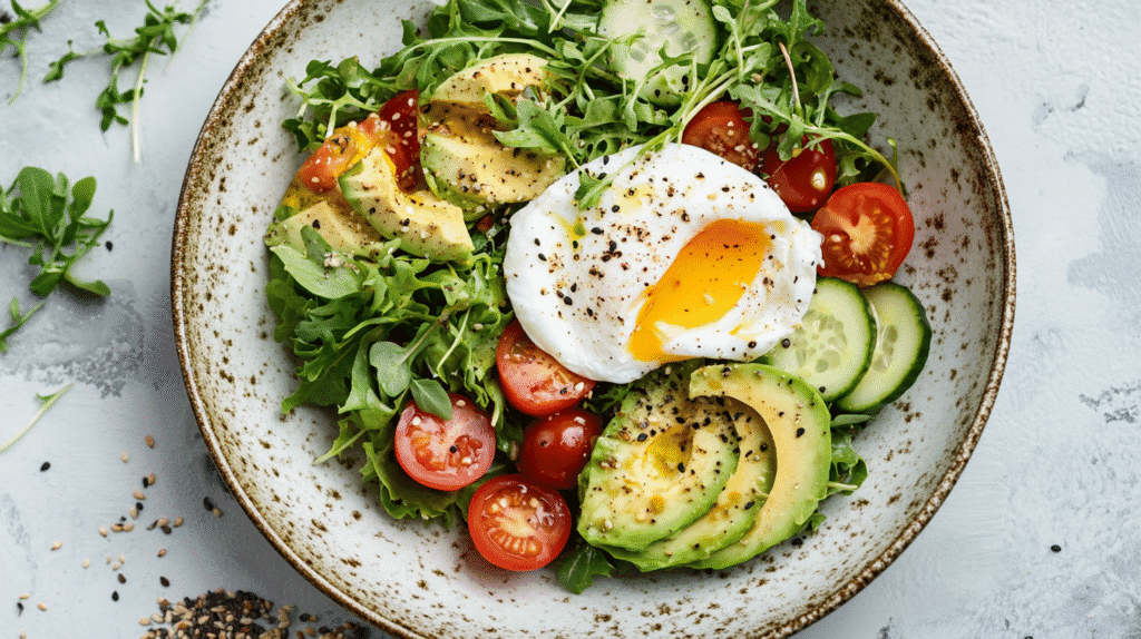 Healthy brunch salad with poached egg, avocado, cherry tomatoes, cucumber, and fresh arugula on a rustic ceramic plate.