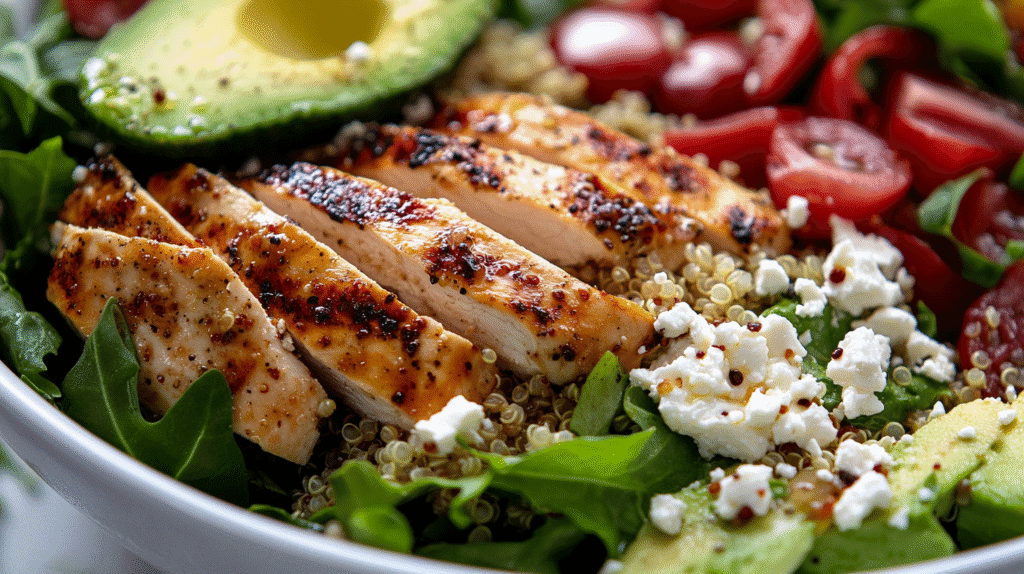 green salad ideas Grilled chicken brunch salad with quinoa, feta cheese, avocado, cherry tomatoes, and fresh greens in a white bowl.