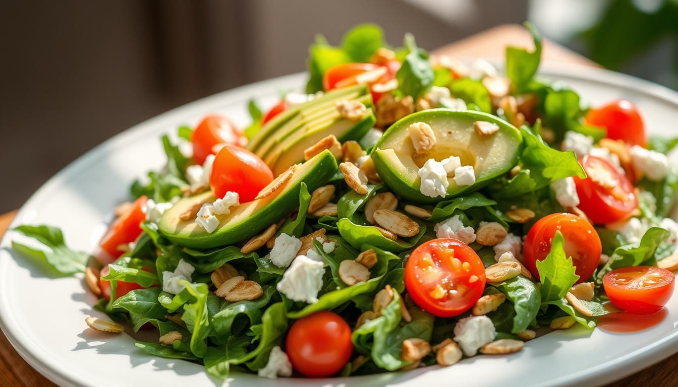 A fresh and vibrant brunch salad with arugula, cherry tomatoes, sliced avocado, feta cheese, and toasted almonds, served on a white plate.