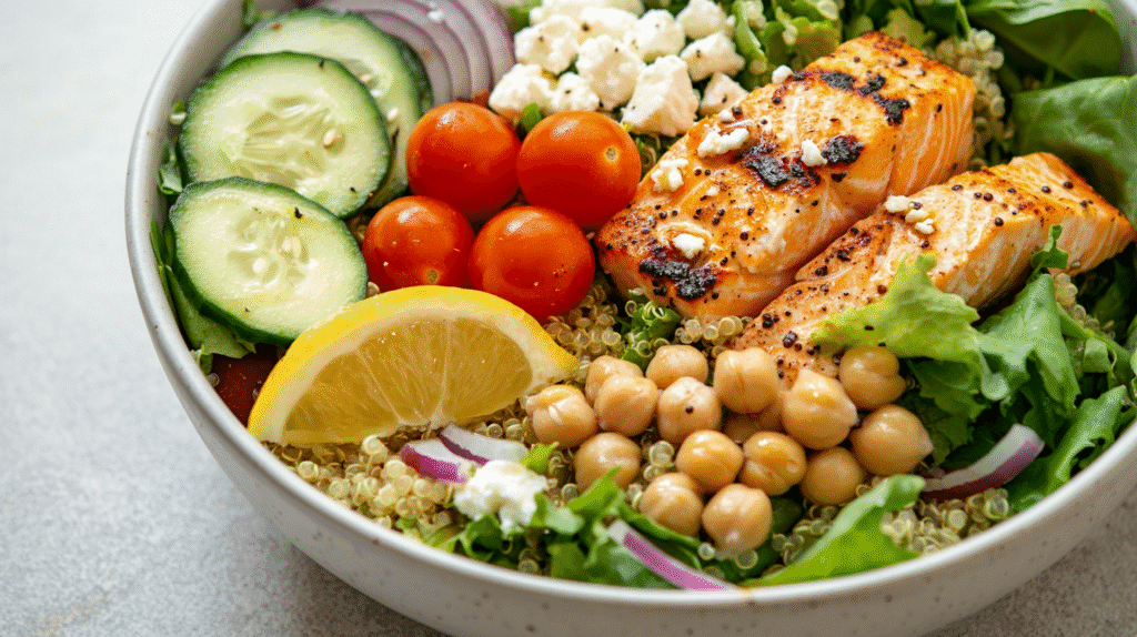 healthy salad ideas Easy salad recipe with grilled salmon, quinoa, cherry tomatoes, cucumber slices, chickpeas, red onion, feta cheese, mixed greens, and a lemon wedge.