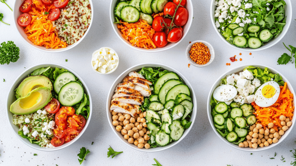 Easy salad recipes featuring bowls with mixed greens, grilled chicken, quinoa, cherry tomatoes, cucumber slices, shredded carrots, chickpeas, feta cheese, avocado, and boiled eggs.