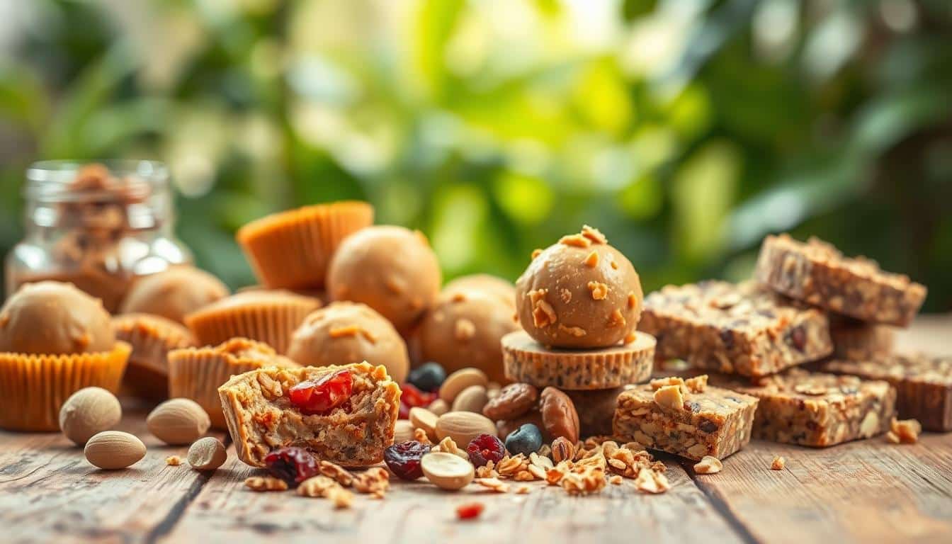 A variety of healthy peanut butter snacks, including toast, energy balls, and fruit with peanut butter drizzle